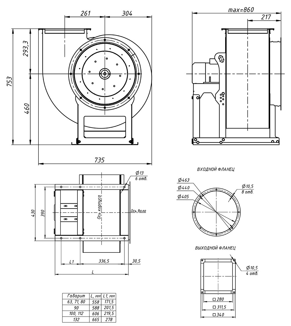 Габаритные и присоединительные размеры радиального вентилятора среднего давления ВЦ 14-46 №4